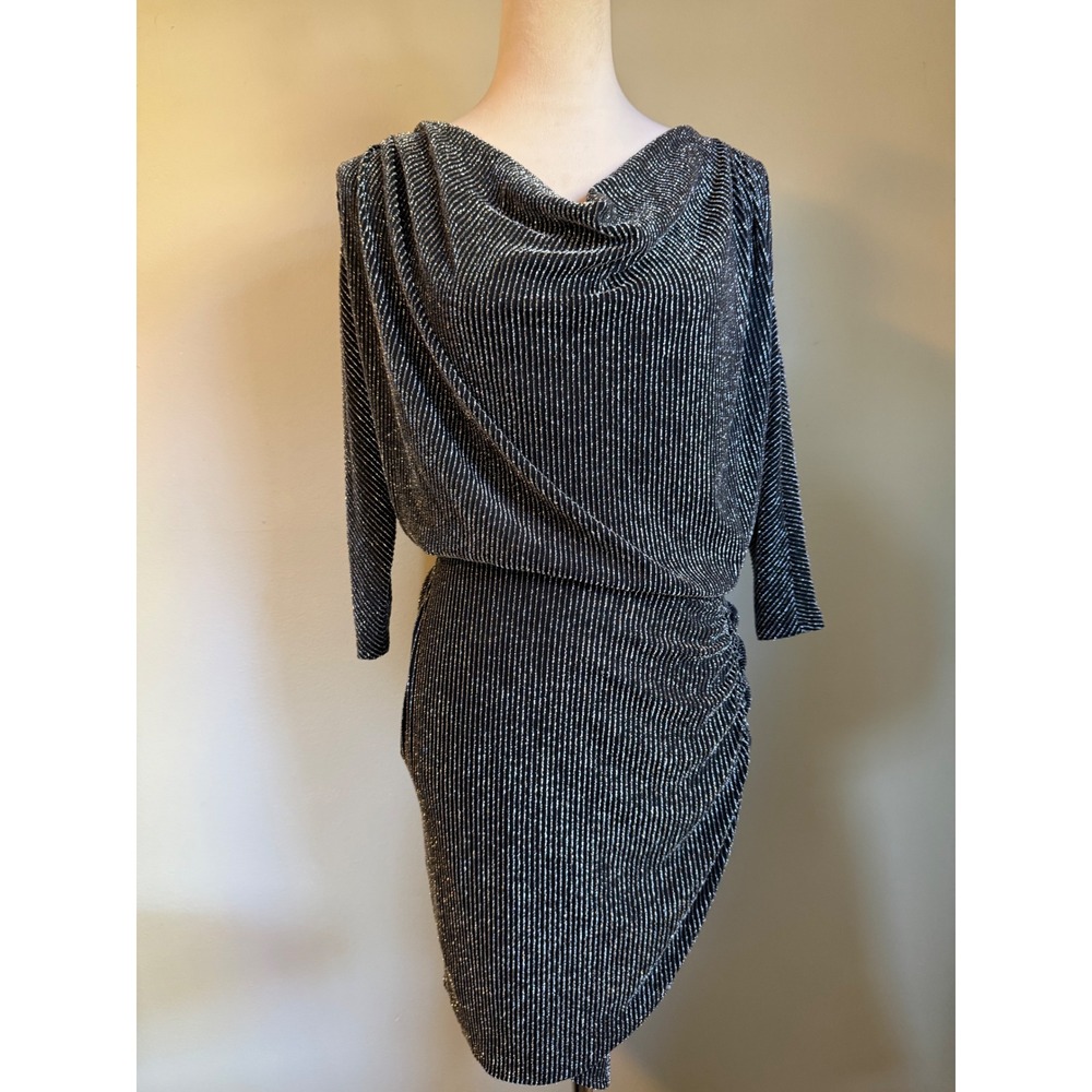 White House BM Metallic Silver stripe Cowl Neck Ruched Dress Y2K whimsi dainty 0